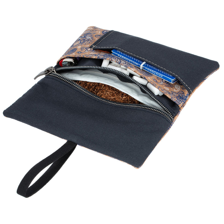 Offene Tabaktasche aus grauem Stoff und hellem Kork mit Blumenmuster mit Inhalt #color_bandana-anthrazit