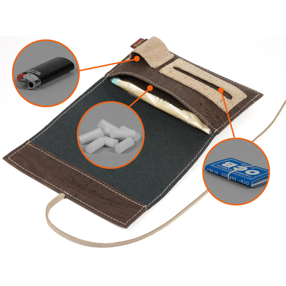 Offene Tabaktasche aus braunem Kork mit Erklärung der Fächer für Zubehör wie Filter und Feuerzeug #color_braun