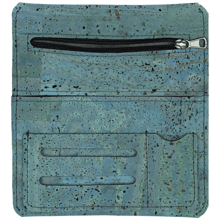 Offene Tabaktasche aus Kork in der Farbe türkis mit Fächern für Tabak, Filter, Paper und Feuerzeug #color_tuerkis