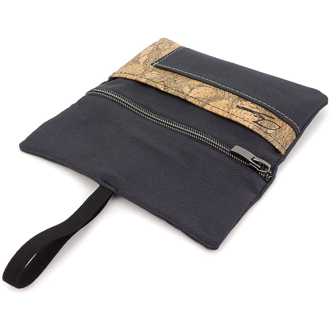 Offene Tabaktasche aus dunkelgrauem Stoff und hellem Kork ohne Inhalt #color_anthrazit-granada