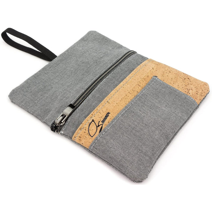 Offene Tabaktasche aus hellgrauem Stoff und hellem Kork ohne Inhalt #color_hellgrau-natur