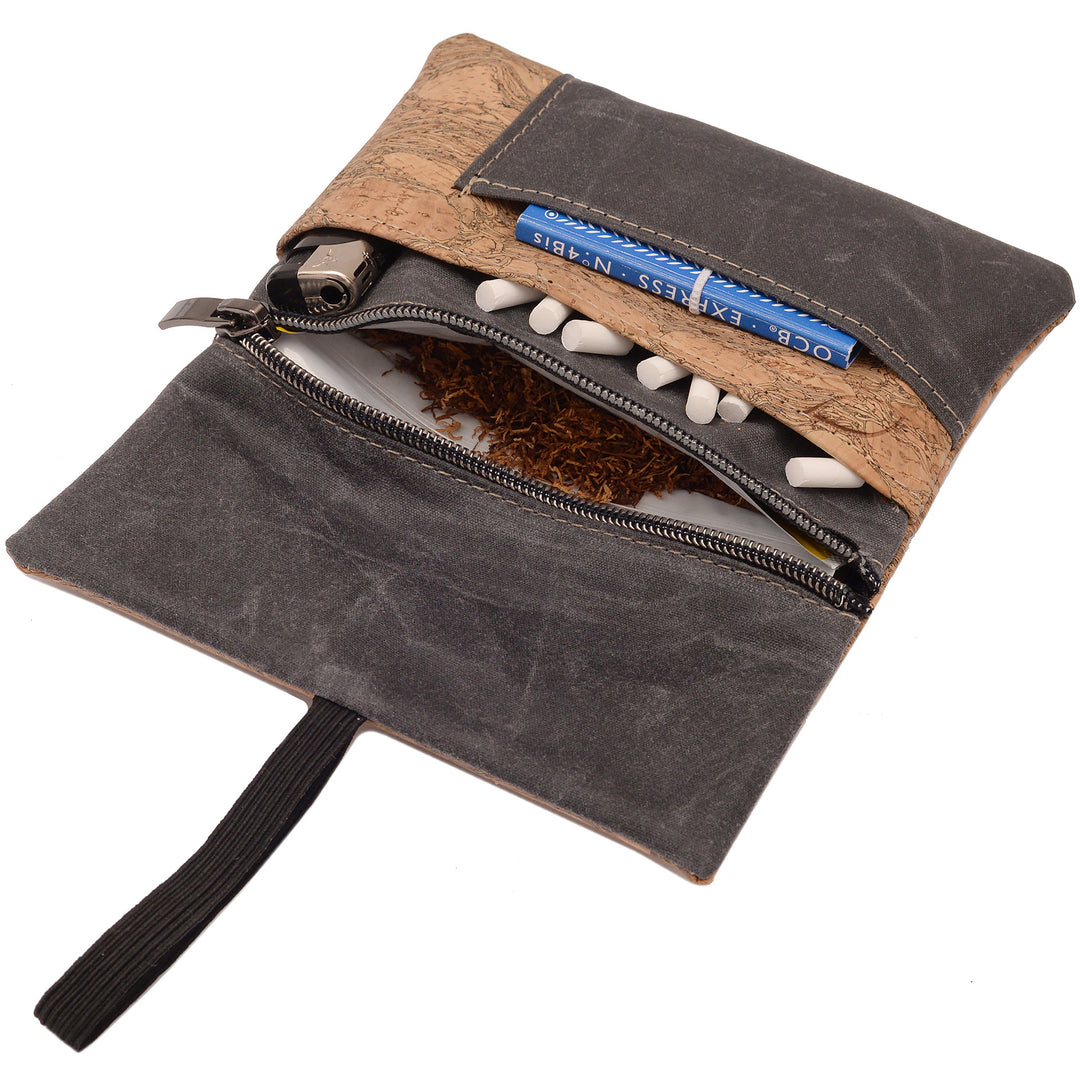Innenansicht Tabaktasche aus hellem Kork und grauem Stoff für Tabak, Filter, Paper und Feuerzeug #color_anthrazit-granada