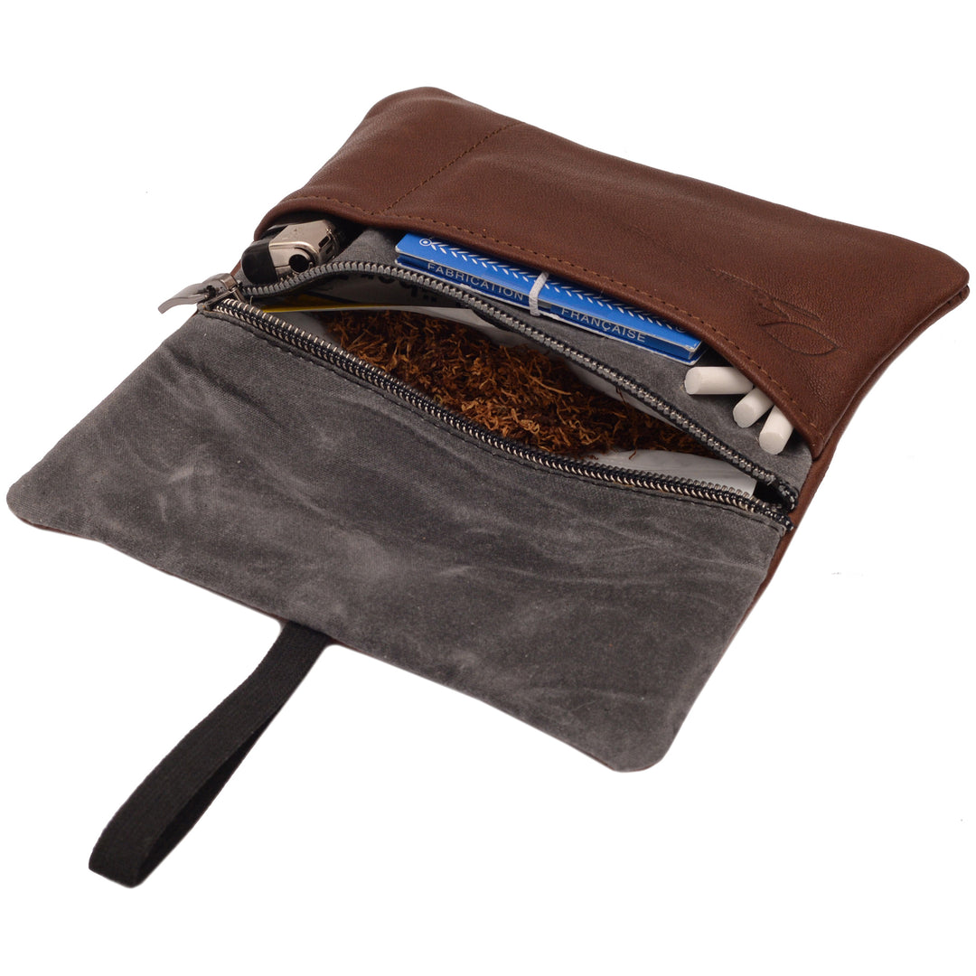 Tabaktasche aus Leder befüllt mit Tabak, Filtern, Paper und Feuerzeug #color_hellbraun