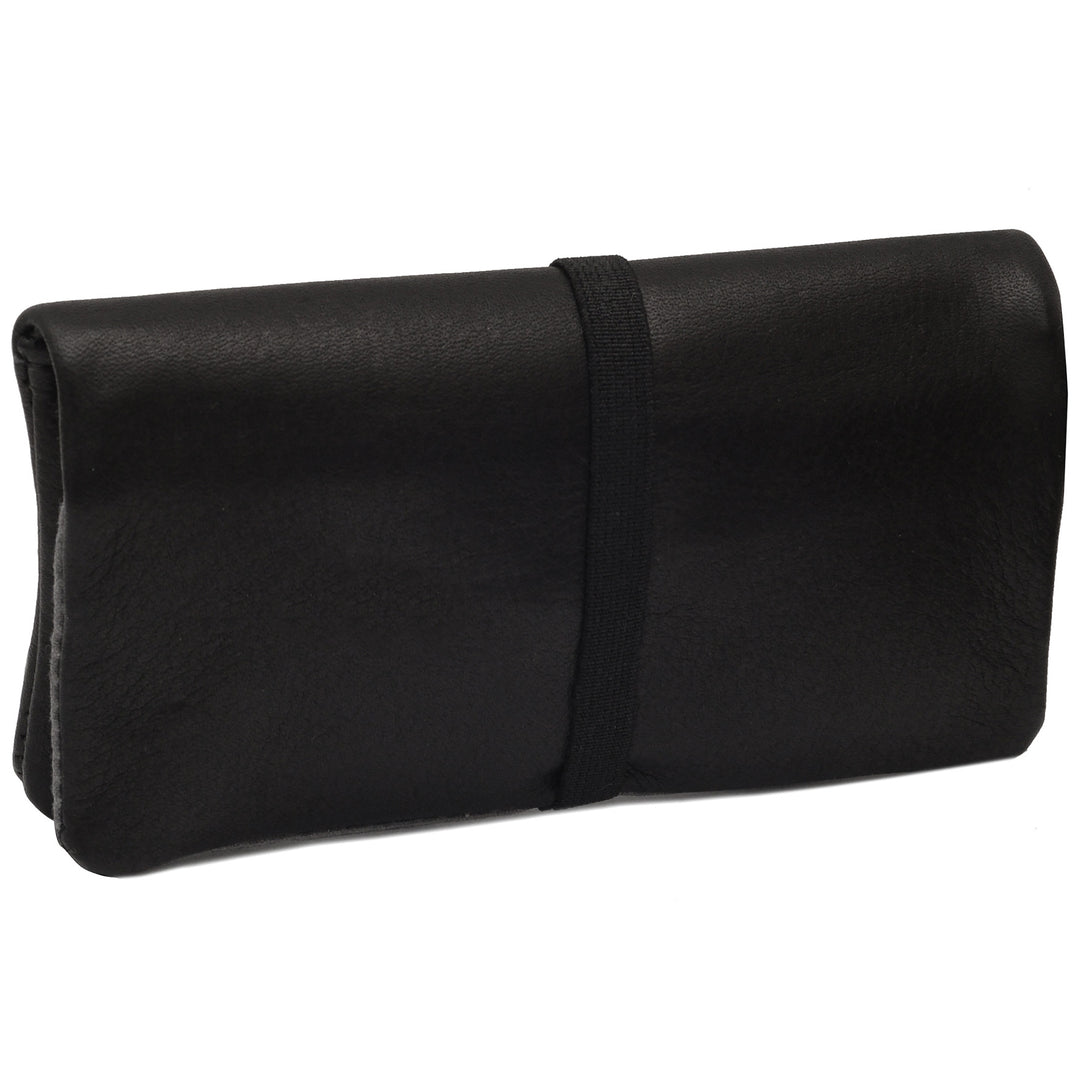 Außenansicht geschlossene Tabaktasche aus schwarzem Leder #color_schwarz