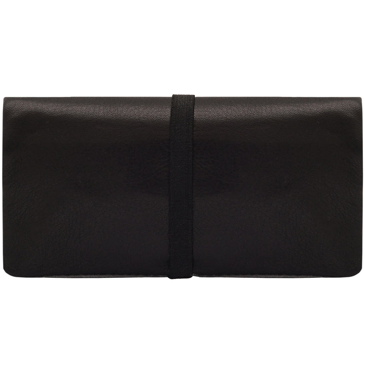 Außenansicht geschlossene Tabaktasche aus schwarzem Leder  #color_schwarz