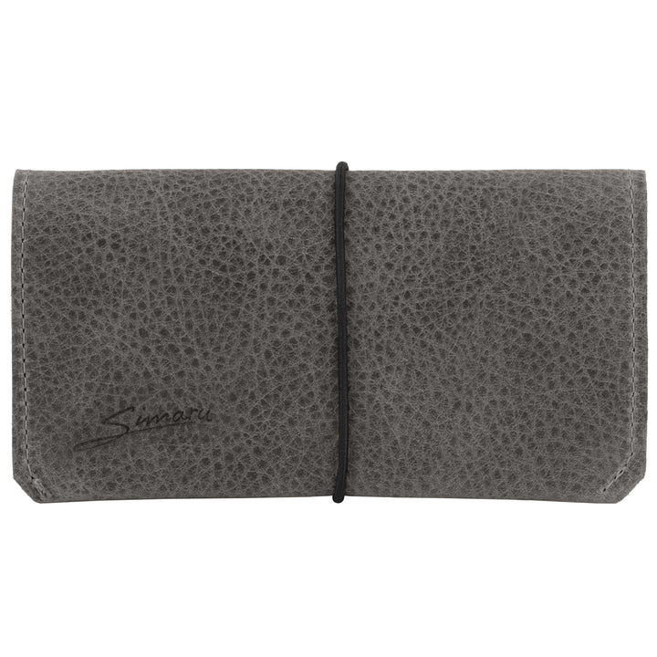 Dunkelgraue Ledertabaktasche mit schwarzem Gummibandverschluss #color_grau