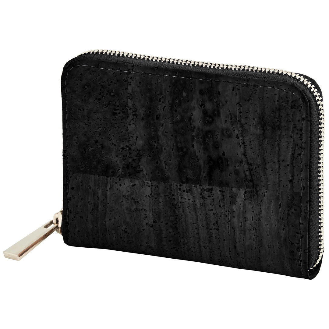 Geschlossene, schwarze Damengeldbörse aus Kork mit silbernen Rundum-Reißverschluss #color_schwarz