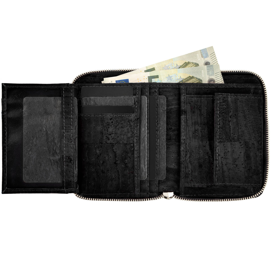 Aufgeklappter schwarzer Kork Geldbeutel mit Sichtfenster, Münzfach, Kartensteckplätzen und Fach für Geldscheine #color_schwarz