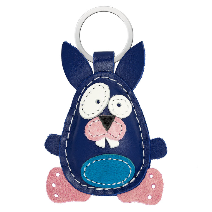 Schlüsselanhänger blauer Hase aus Leder mit großen weißen Augen und Hasenzähnen