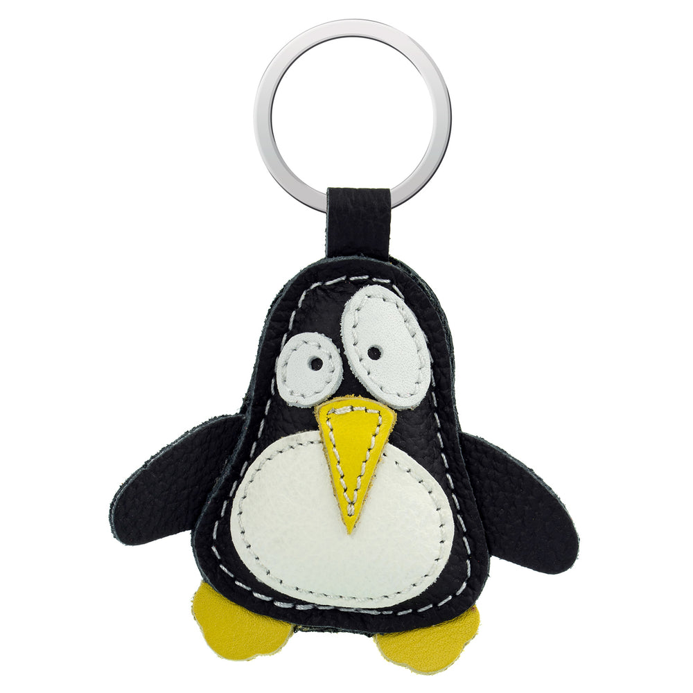 Schlüsselanhänger schwarzer Pinguin aus Leder mit großen weißen Augen sowie gelbem Schnabel und gelben Füßen