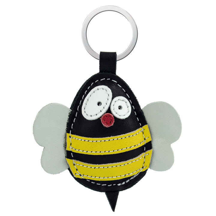 Schlüsselanhänger schwarz-gelbe Biene aus Leder mit großen weißen Augen, Flügeln und Stachel