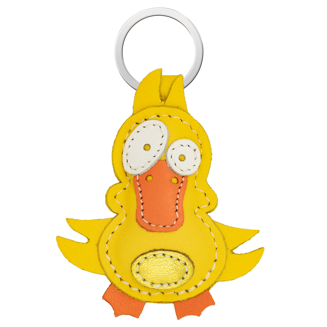 Schlüsselanhänger gelbe Ente aus Leder mit großen weißen Augen und Schnabel sowie Füßen in orange
