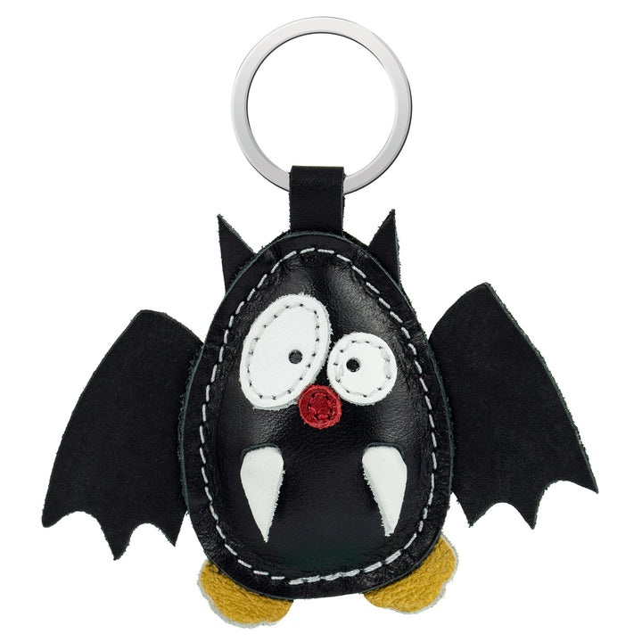 Schlüsselanhänger schwarze Fledermaus aus Leder mit großen weißen Augen, Zähnen und Flügeln