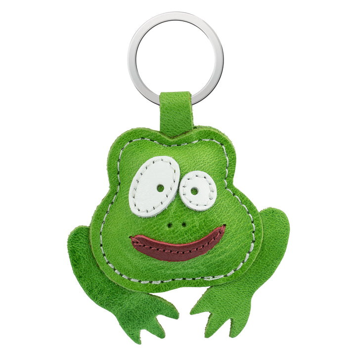 Schlüsselanhänger grüner Frosch aus Leder mit großen weißen Augen und breitem roten Mund
