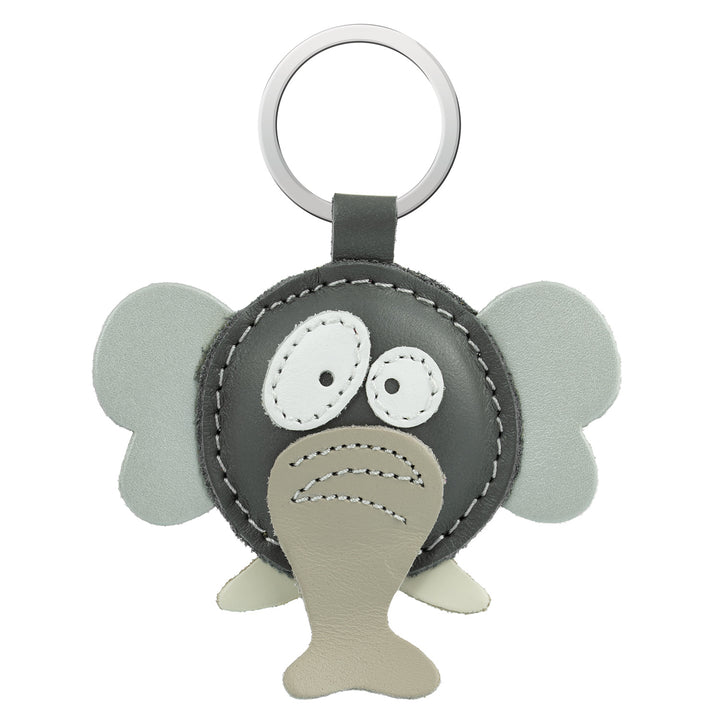 Schlüsselanhänger grauer Elefant aus Leder mit großen Augen, Ohren, Rüssel und Stoßzähnen