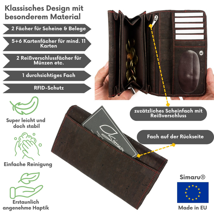 Innen- und Rückansicht eines großen Damen Geldbeutels aus dunklem Kork Made in EU