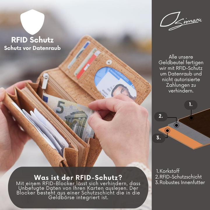 Frau nimmt 5 Euro Schein aus großer, geöffneter Damengeldbörse aus hellem Kork mit RFID-Schutz
