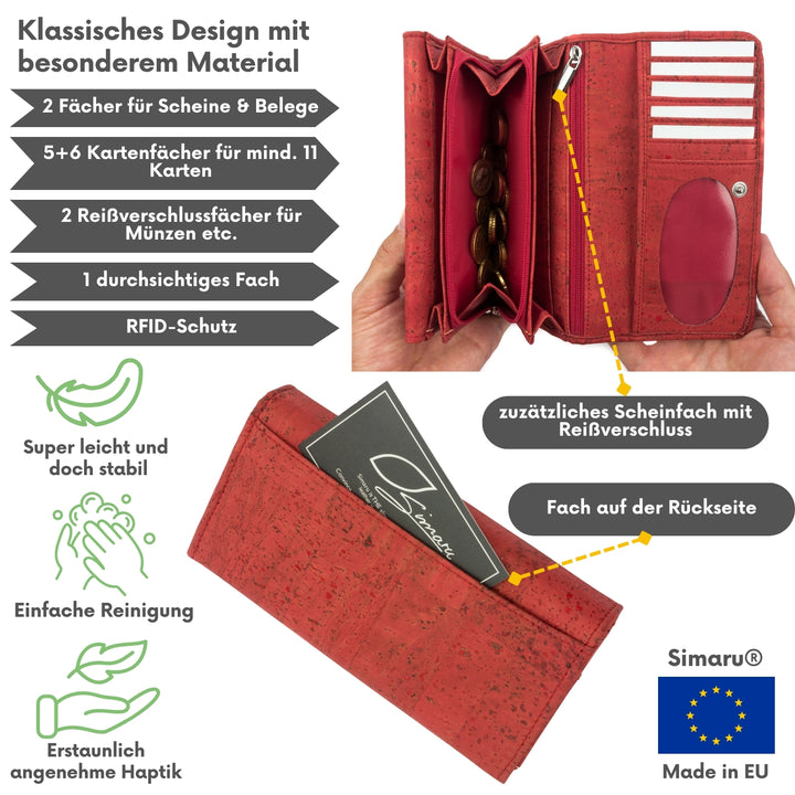Innen- und Rückansicht eines großen Damen Geldbeutels aus Kork in der Farbe rot, Made in EU
