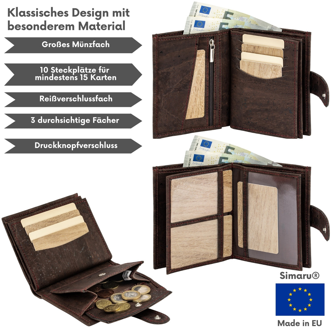 Collage mit Infos zu Kork Geldbeutel Made in EU mit Münzfach, Sichtfenster und Kartensteckplätzen #color_braun
