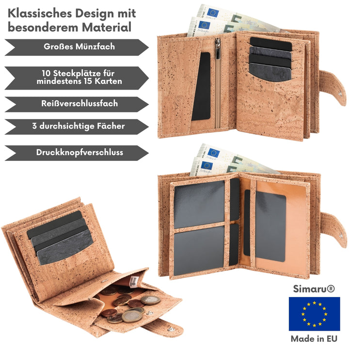 Collage mit Infos zu Kork Geldbeutel Made in EU mit Münzfach, Sichtfenster und Kartensteckplätzen #color_beige