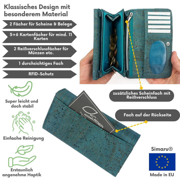 Innen- und Rückansicht eines großen Damen Geldbeutels aus Kork, Farbe Türkis, Made in EU
