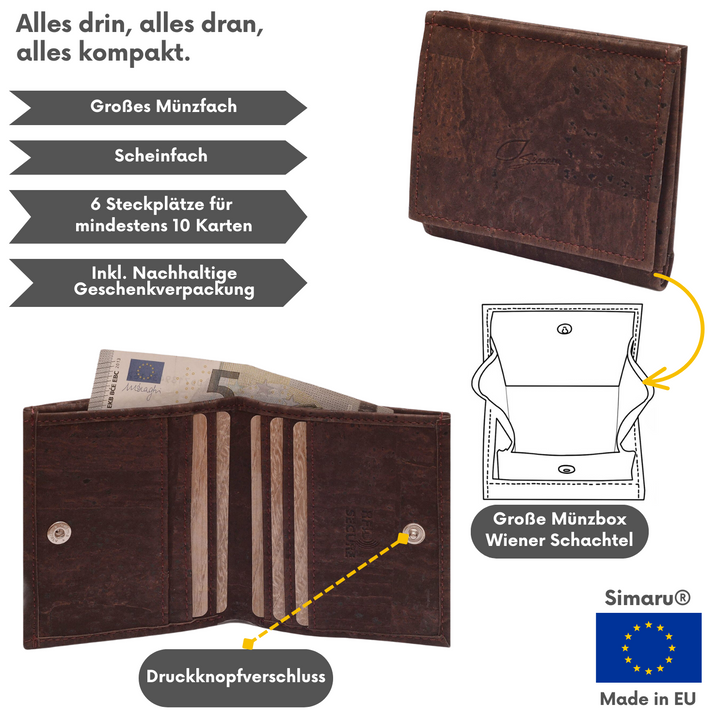 Collage mit Infos zu Kork Geldbeutel Made in EU mit Münzfach "Wiener Schachtel", Scheinfach und Kartensteckplätzen #color_braun