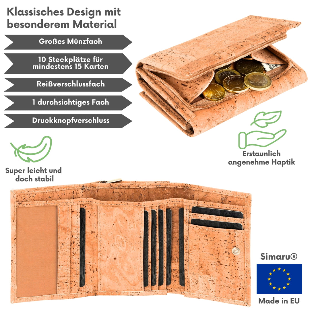 Außen- und Innenansicht einer Kork Geldbörse mit Münzfach außen Made in EU #color_beige