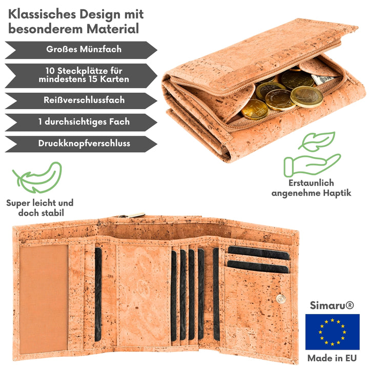 Außen- und Innenansicht einer Kork Geldbörse mit Münzfach außen Made in EU #color_vinicunca