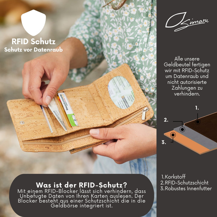 Frau zieht Karte aus geöffneter heller Kork Geldbörse mit RFID-Schutz #color_bandana