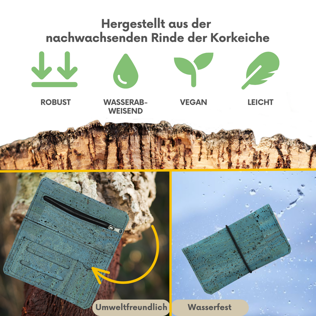 Collage zu wasserfester Tabaktasche aus Kork in der Farbe türkis mit Infos zum Material Kork #color_tuerkis
