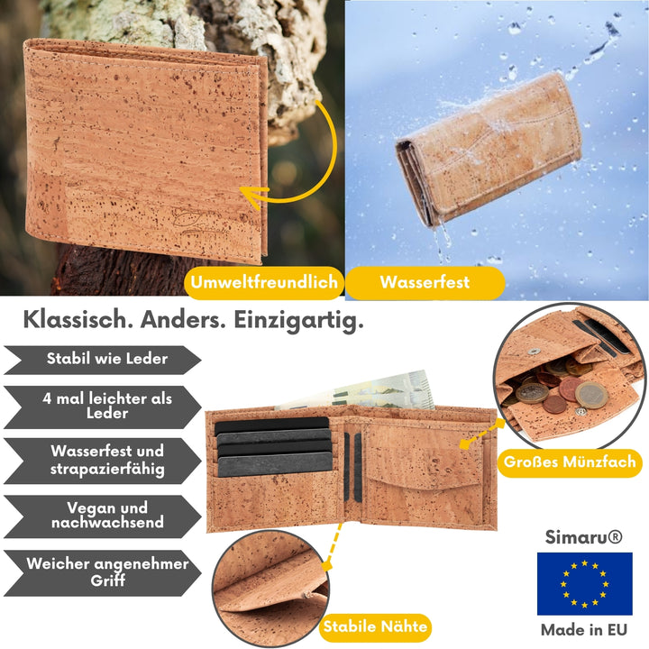 Collage zu wasserfester Kork Geldbörse Made in EU inklusive Infos zum Material Kork
