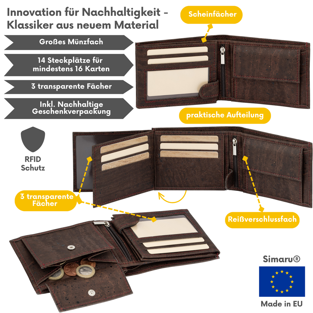 Collage mit Infos zu Kork Geldbeutel Made in EU mit Münzfach, Sichtfenstern und Kartensteckplätzen #color_braun