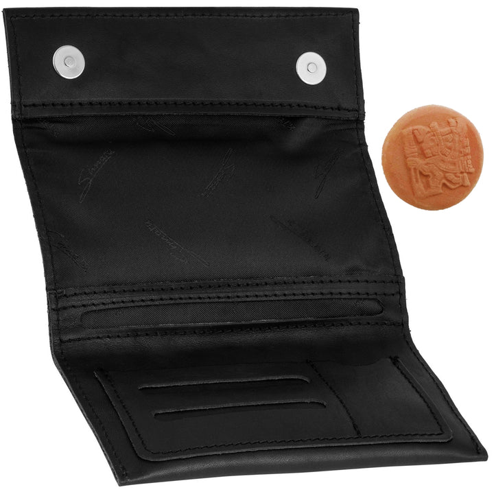 Schwarze Tabaktasche aus Leder mit Fächern für Tabak, Filter, Paper, Feuerzeug und Hydrostone