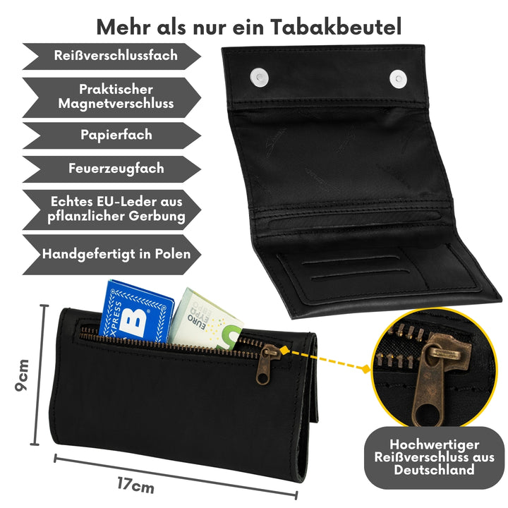 Schwarze Tabaktasche aus Leder mit Reißverschlussfach außen für Zubehör oder Geld