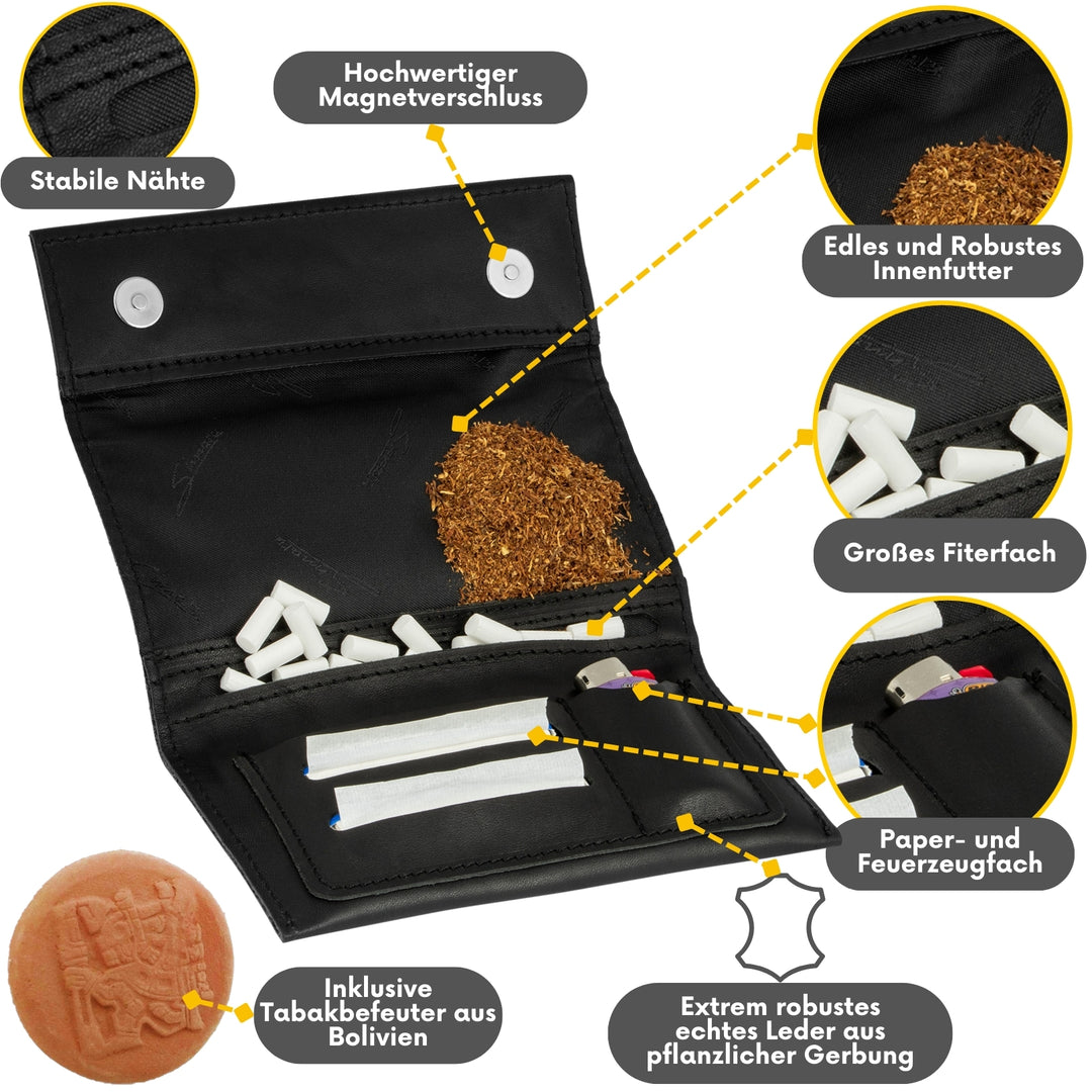 Schwarze Tabaktasche aus Leder mit Fächern für Tabak, Filter, Paper und Feuerzeug