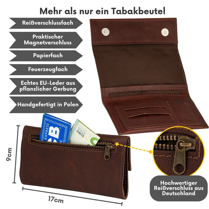 Braune Tabaktasche aus Leder mit Reißverschlussfach außen für Zubehör oder Geld