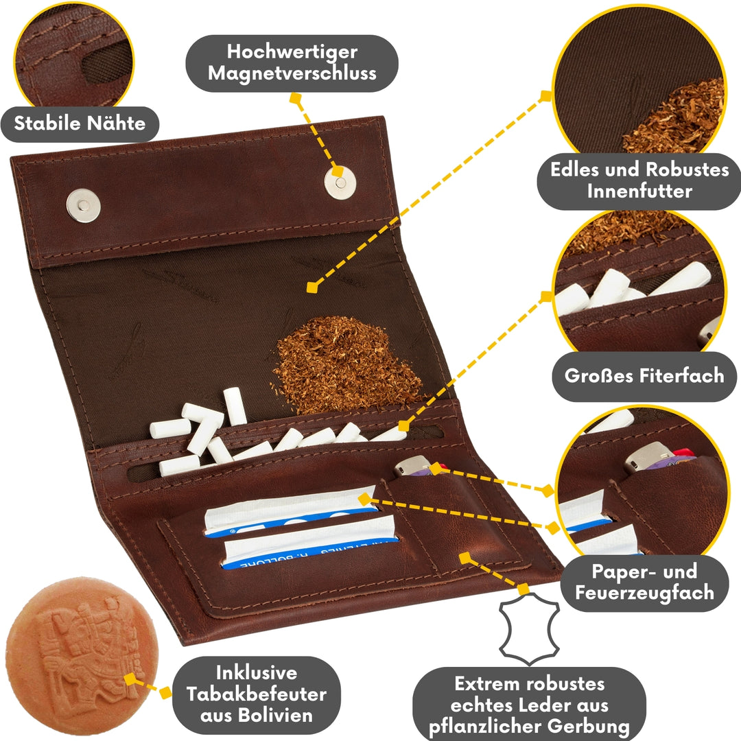 Braune Tabaktasche aus Leder mit Fächern für Tabak, Filter, Paper und Feuerzeug