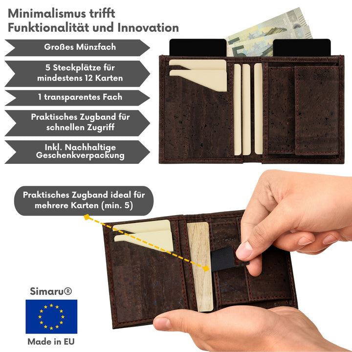 Collage mit Infos zu braunem Kork Portemonnaie Made in EU