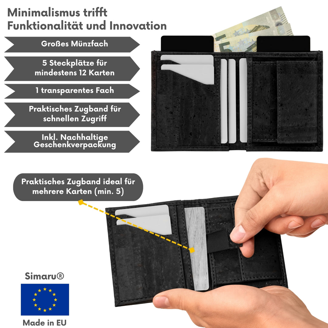 Collage mit Infos zu schwarzer Kork Geldbörse Made in EU