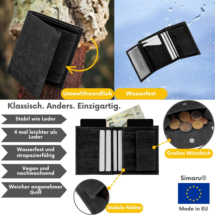 Collage mit Infos zu schwarzem Kork Geldbeutel Made in EU