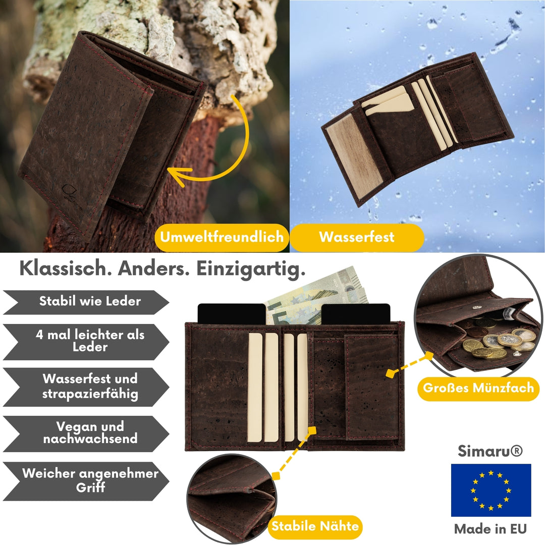 Collage mit Infos zu braunem Kork Geldbeutel Made in EU