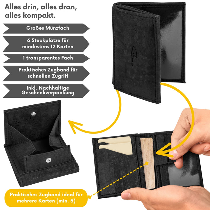 Collage mit Infos zu schwarzem Kork Geldbeutel mit Münzfach, Sichtfenster und Zugband für Kartenfach #color_schwarz