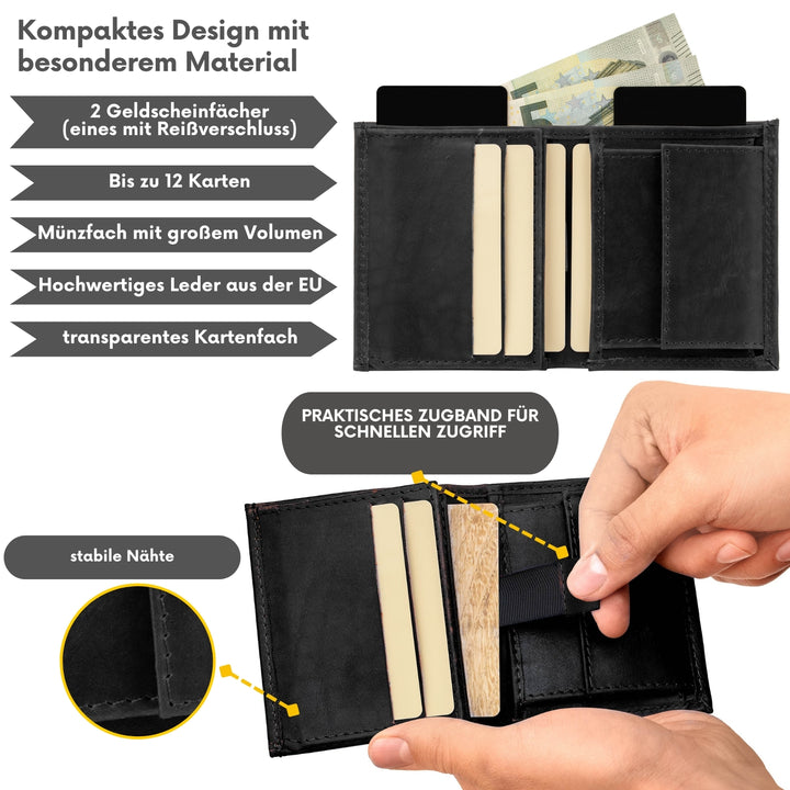 Kompakter Geldbeutel aus schwarzem Leder mit praktischem Zugband