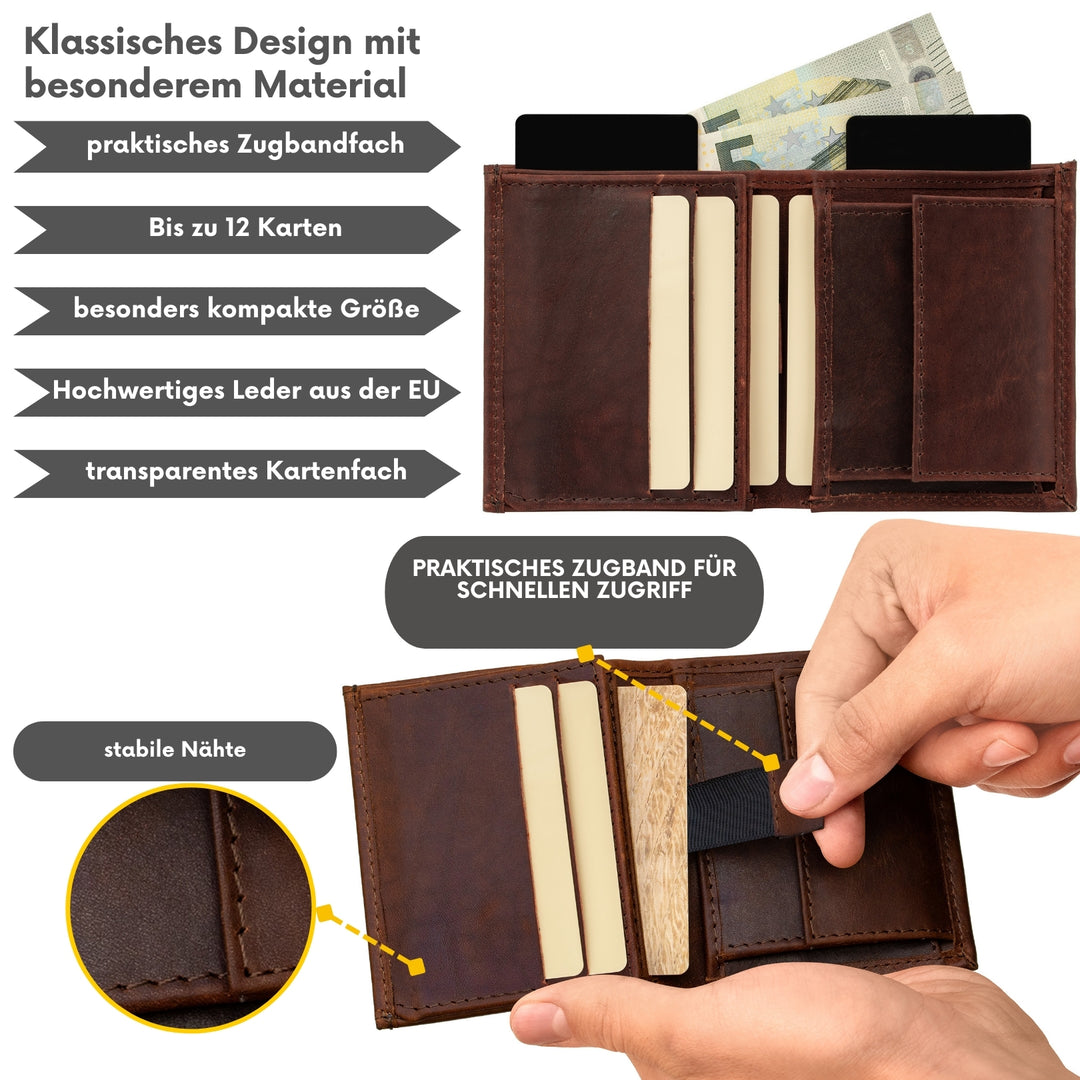 Kompakter Geldbeutel aus braunem Leder mit praktischem Zugband