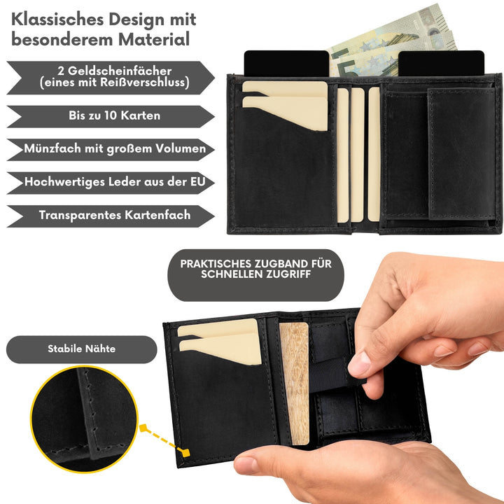 Kompakter Geldbeutel aus schwarzem Leder mit praktischer Zuglasche