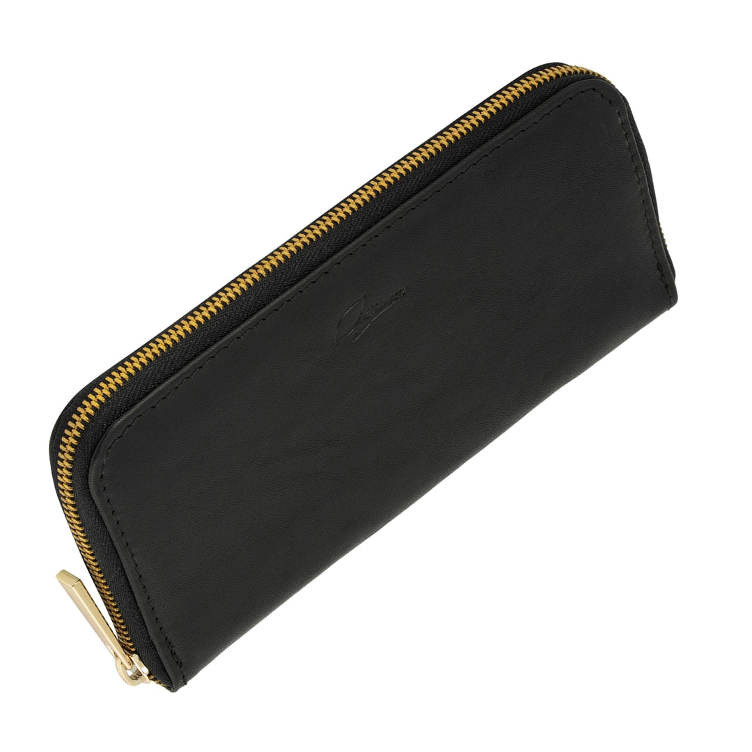 Große schwarze Damengeldbörse aus Leder mit goldenem Rundum-Reißverschluss
