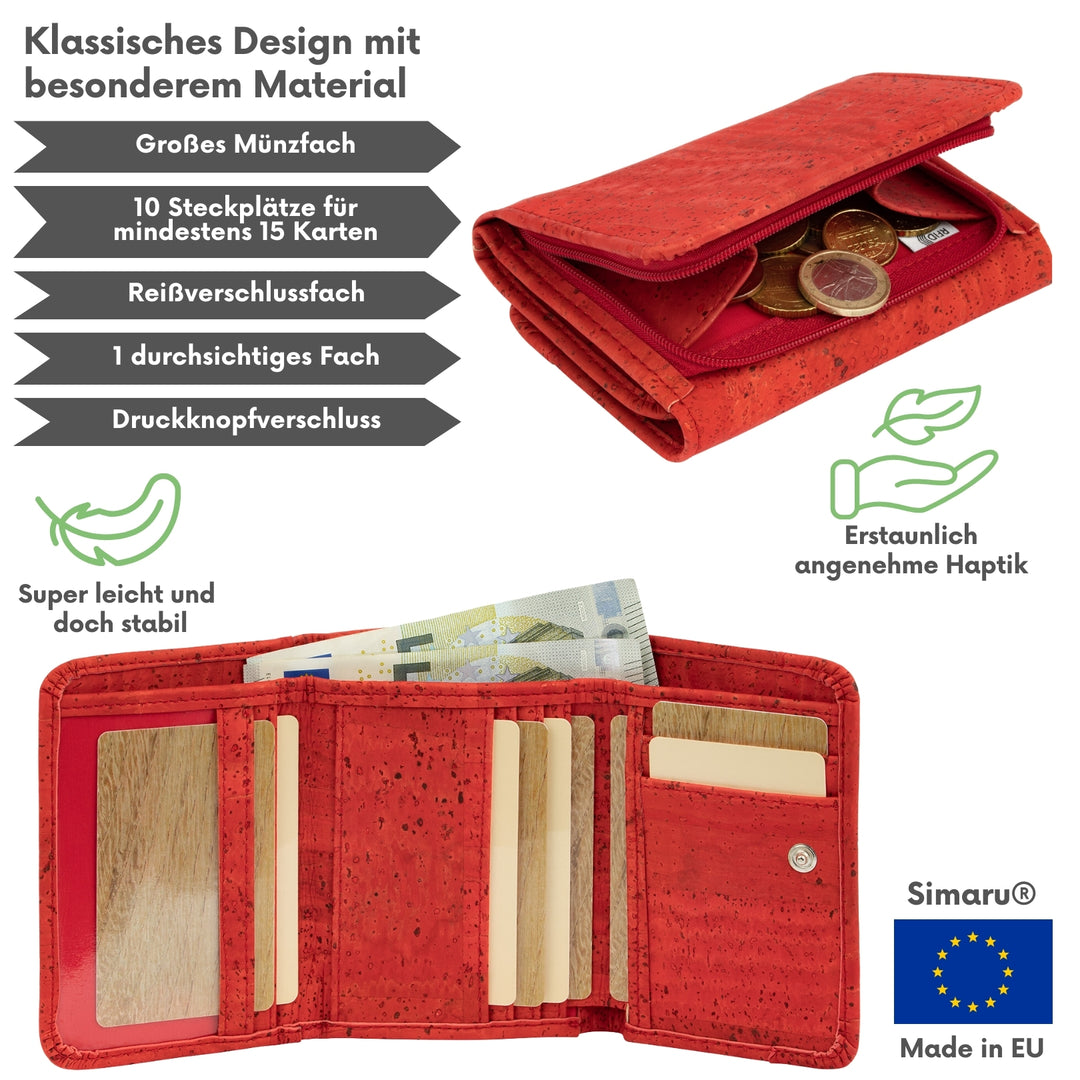 Außen- und Innenansicht einer Kork Geldbörse mit Münzfach außen Made in EU #color_rot