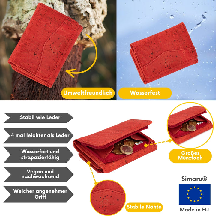 Collage zu wasserfester Kork Geldbörse inklusive Infos zum Material Kork #color_rot