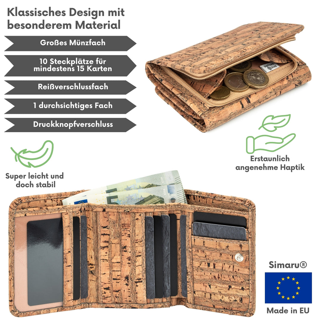Außen- und Innenansicht einer Kork Geldbörse mit Münzfach außen Made in EU #color_raizes