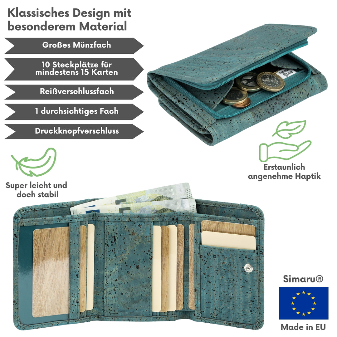 Außen- und Innenansicht einer Kork Geldbörse mit Münzfach außen Made in EU #color_tuerkis
